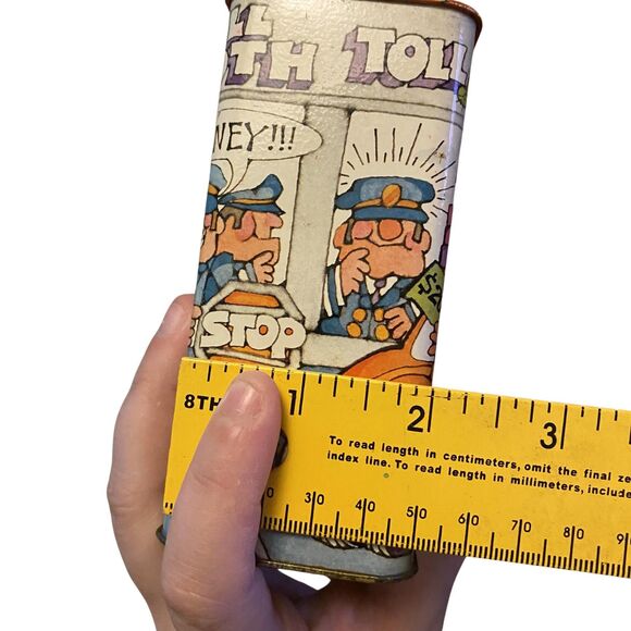 Vintage Hallmark Toll Booth Tin Bank, 70s Toll Booth Operator Graphics Coin Bank - Picture 7 of 9